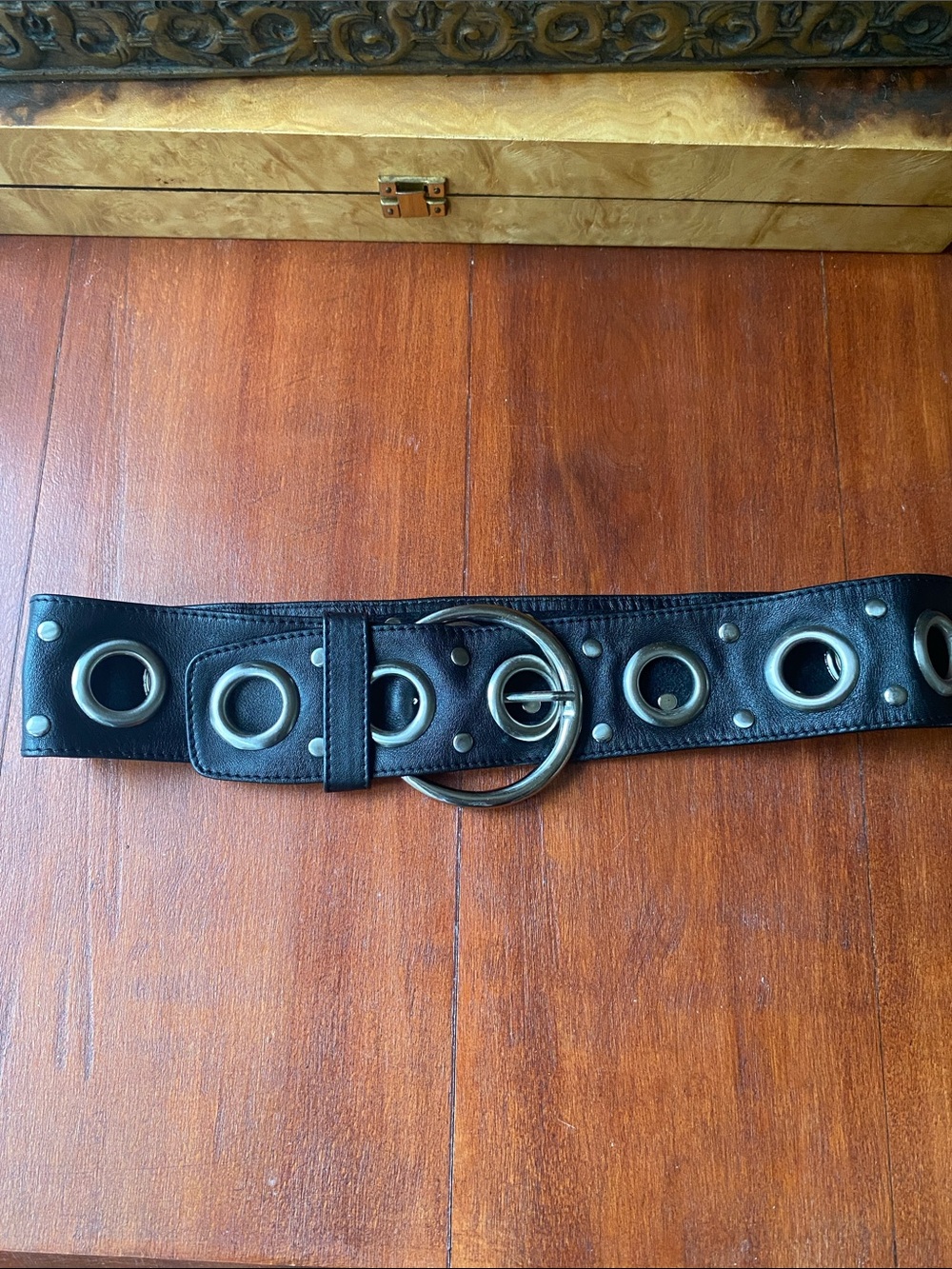 Vintage Danier Black Leather Large Grommet Eyelet Belt Goth Punk Emo Metal 80s